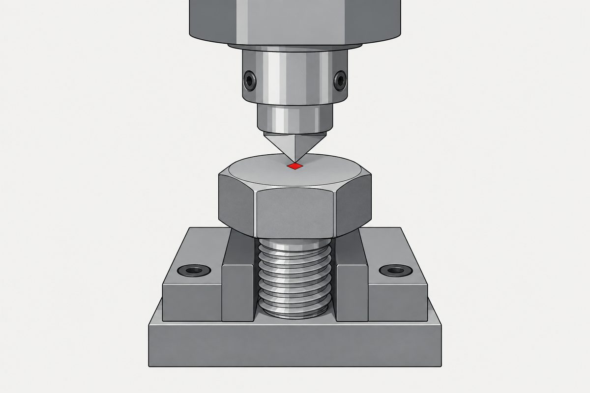 A pyramid indenter presses a red contact point on a steel hex-head bolt held in a test fixture.