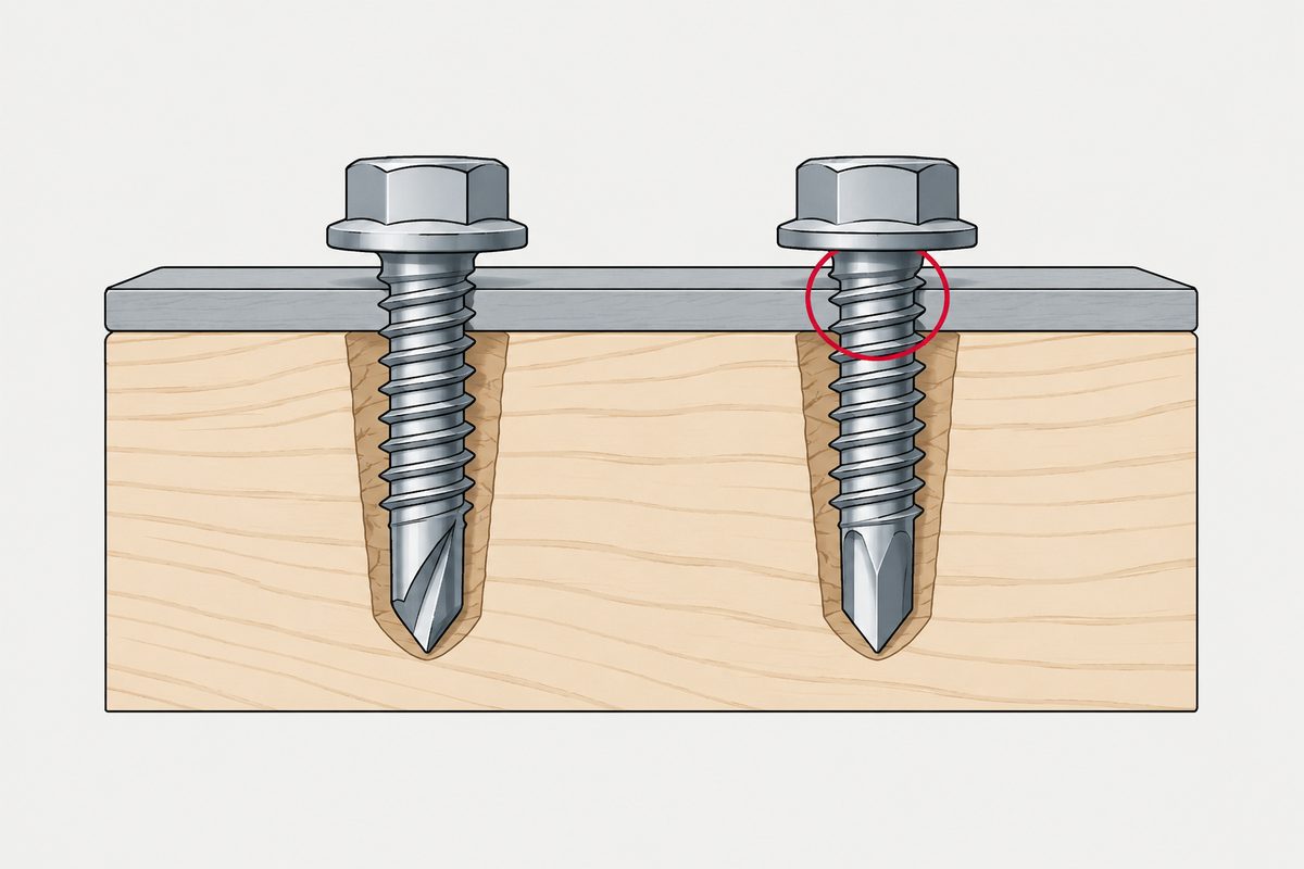 Two steel screws with different tips pass through a thin metal sheet into a cutaway timber block.