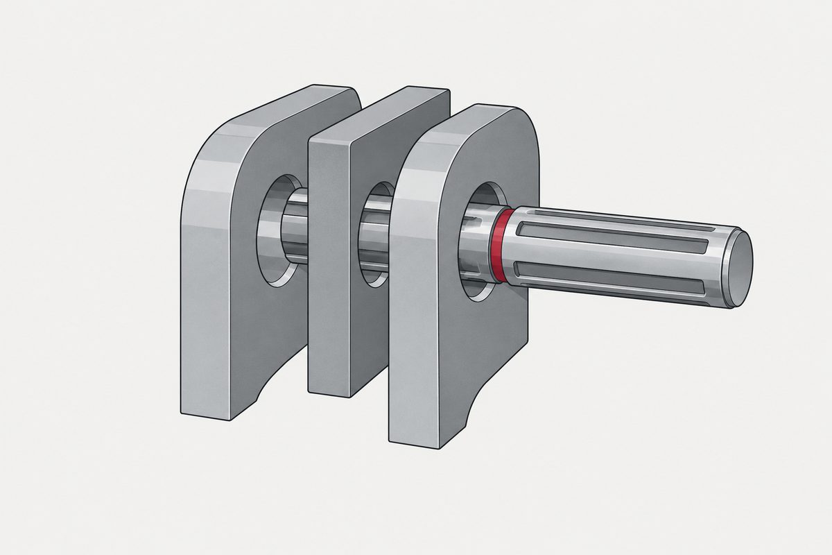 A grooved steel pin sits partly withdrawn from a three-plate joint, with one shear plane marked by a red band.