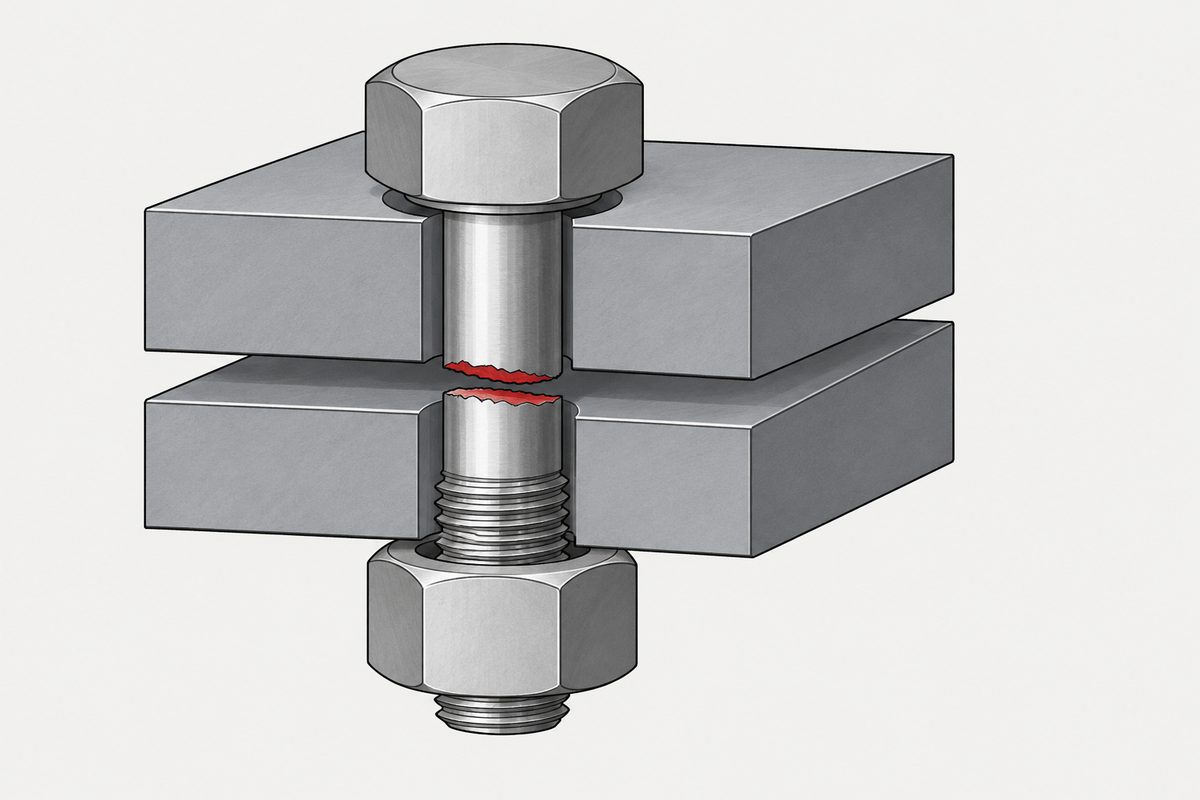 Cutaway steel joint with an intact hex nut and a bolt fractured in red between two plates.