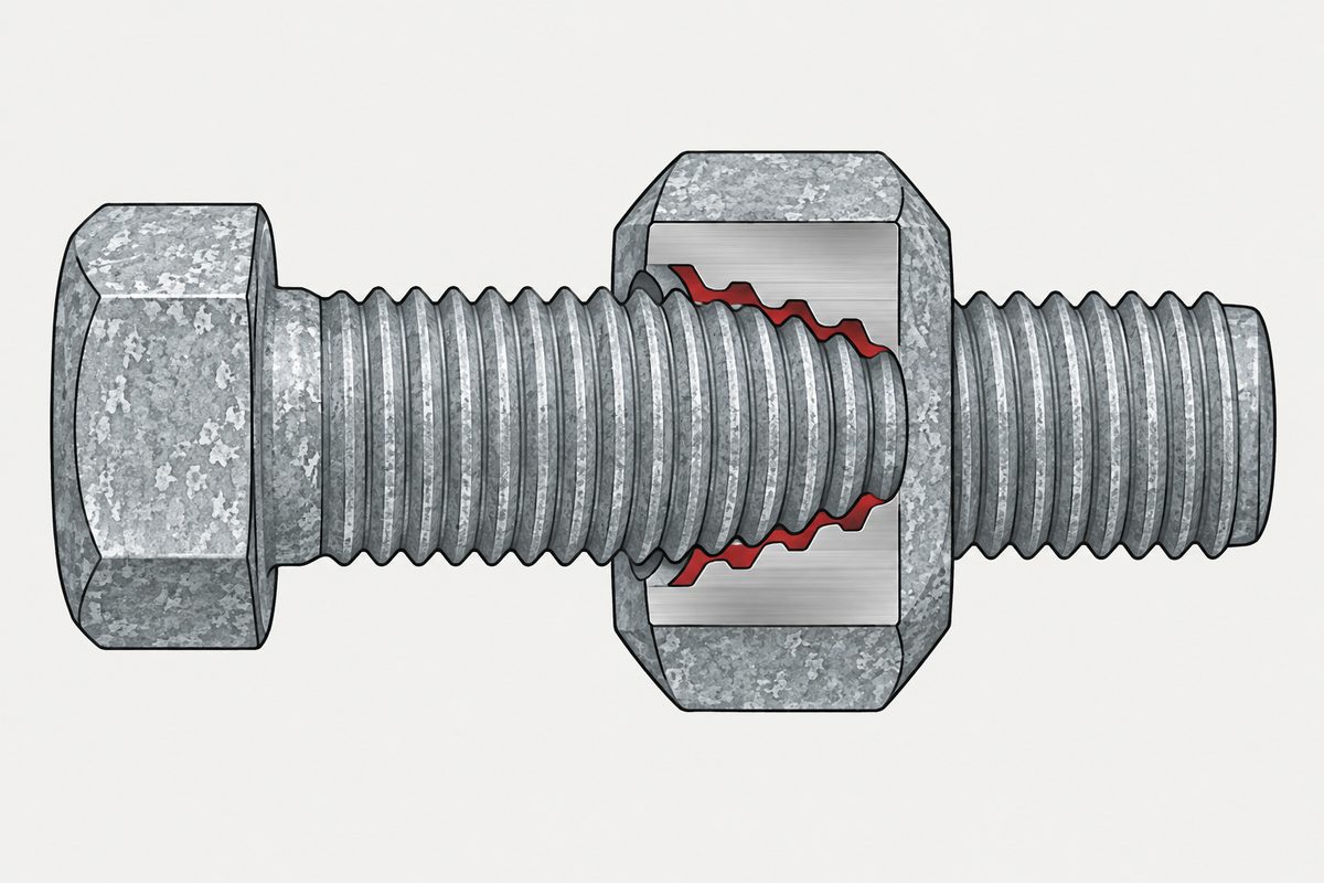 Cutaway galvanized nut on a bolt, with the clearance between their threads highlighted in red.