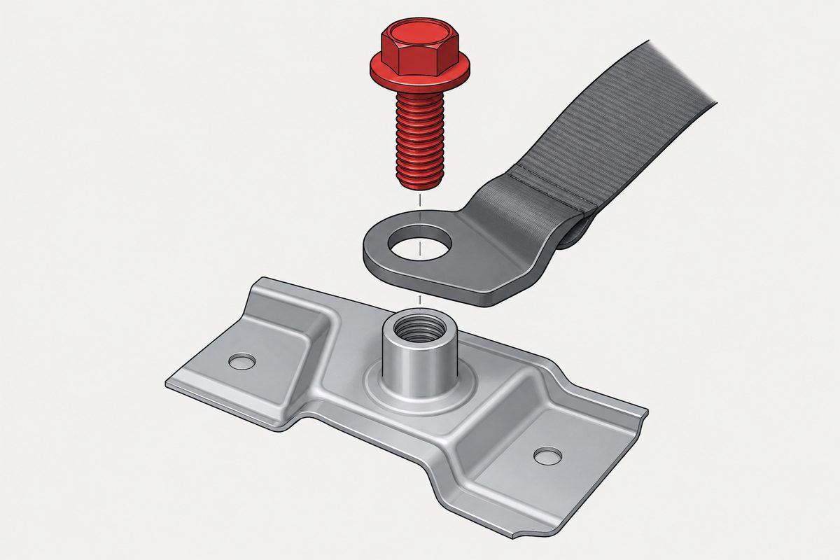 A red bolt aligns above a steel seat-belt eyelet and threaded car-body anchorage in an exploded view.