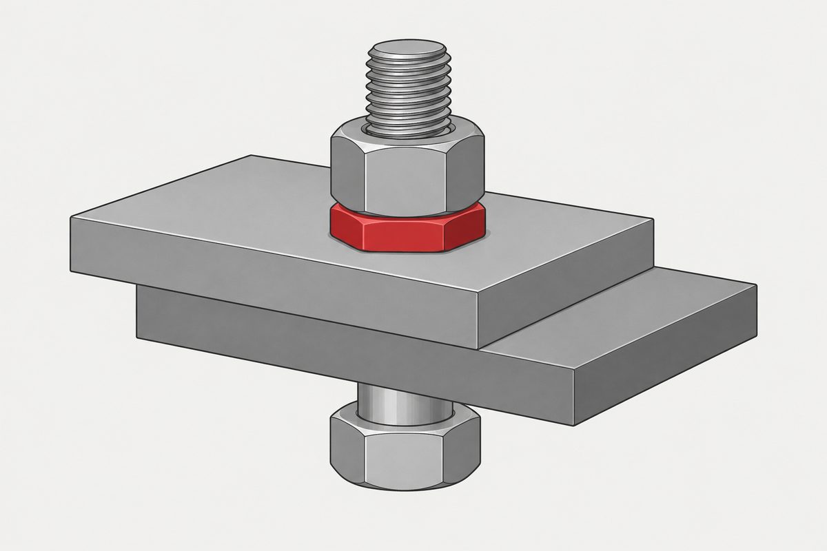 Bolted steel plates with a red thin nut beneath a taller grey nut.