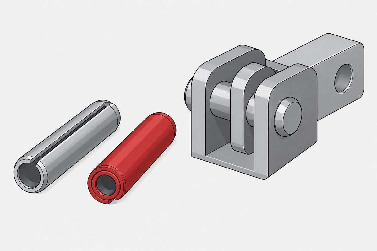A slotted spring pin and a red coiled spring pin lie beside a steel double-shear clevis joint.