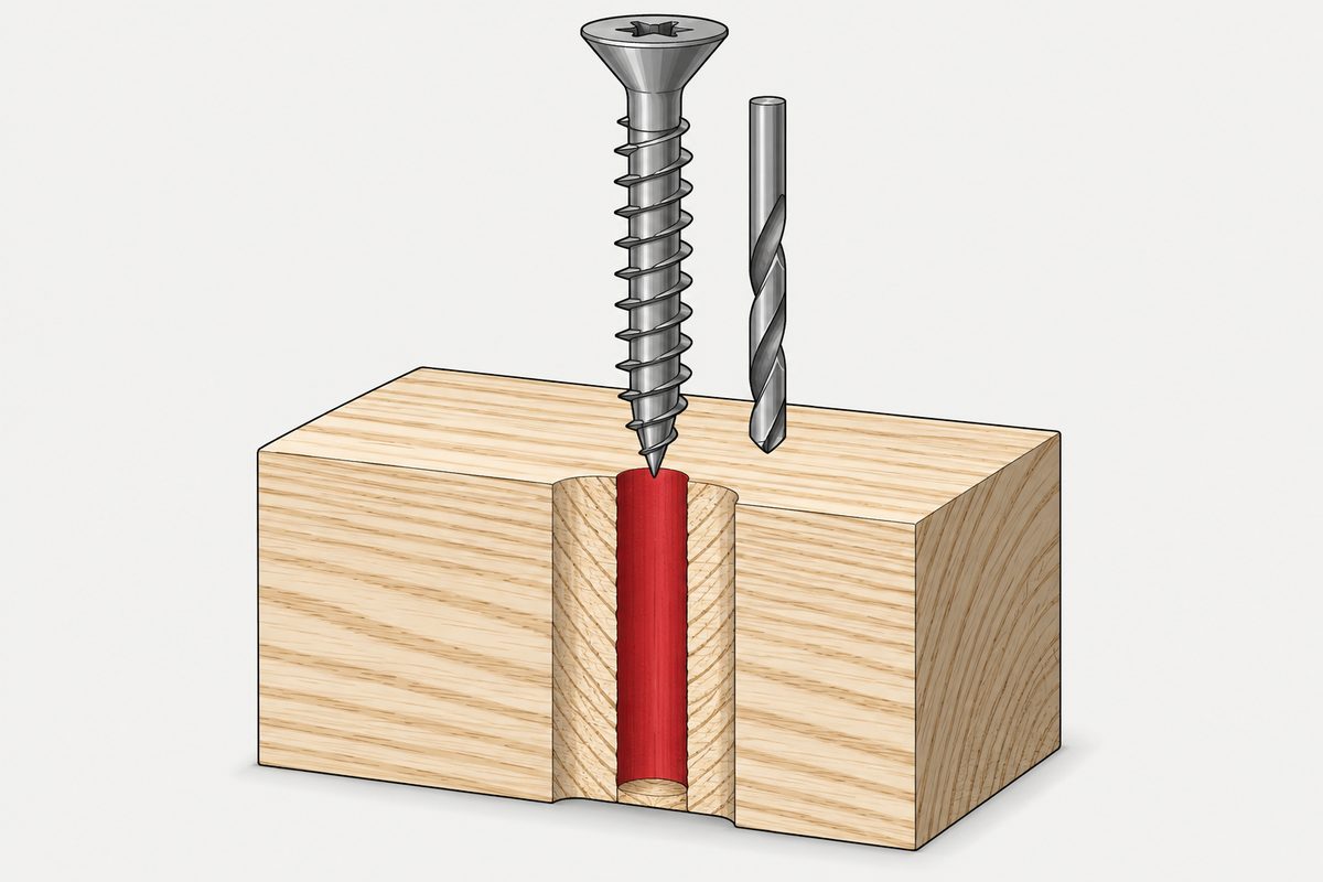 A steel wood screw and drill bit hover above a red pilot hole in a cutaway ash block.