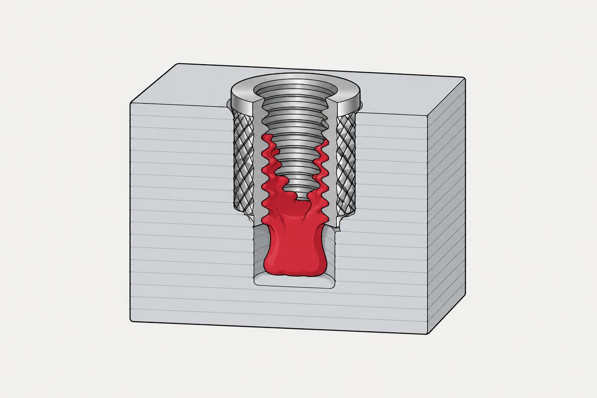 Cutaway printed block with red molten plastic rising into the threads of a steel-grey heat-set insert.
