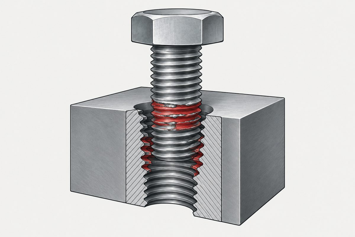 鋼製ブロックにねじ込んだ六角ボルトの断面。かみ合い部のねじ山が赤く塗られ、欠けている（模式図）。