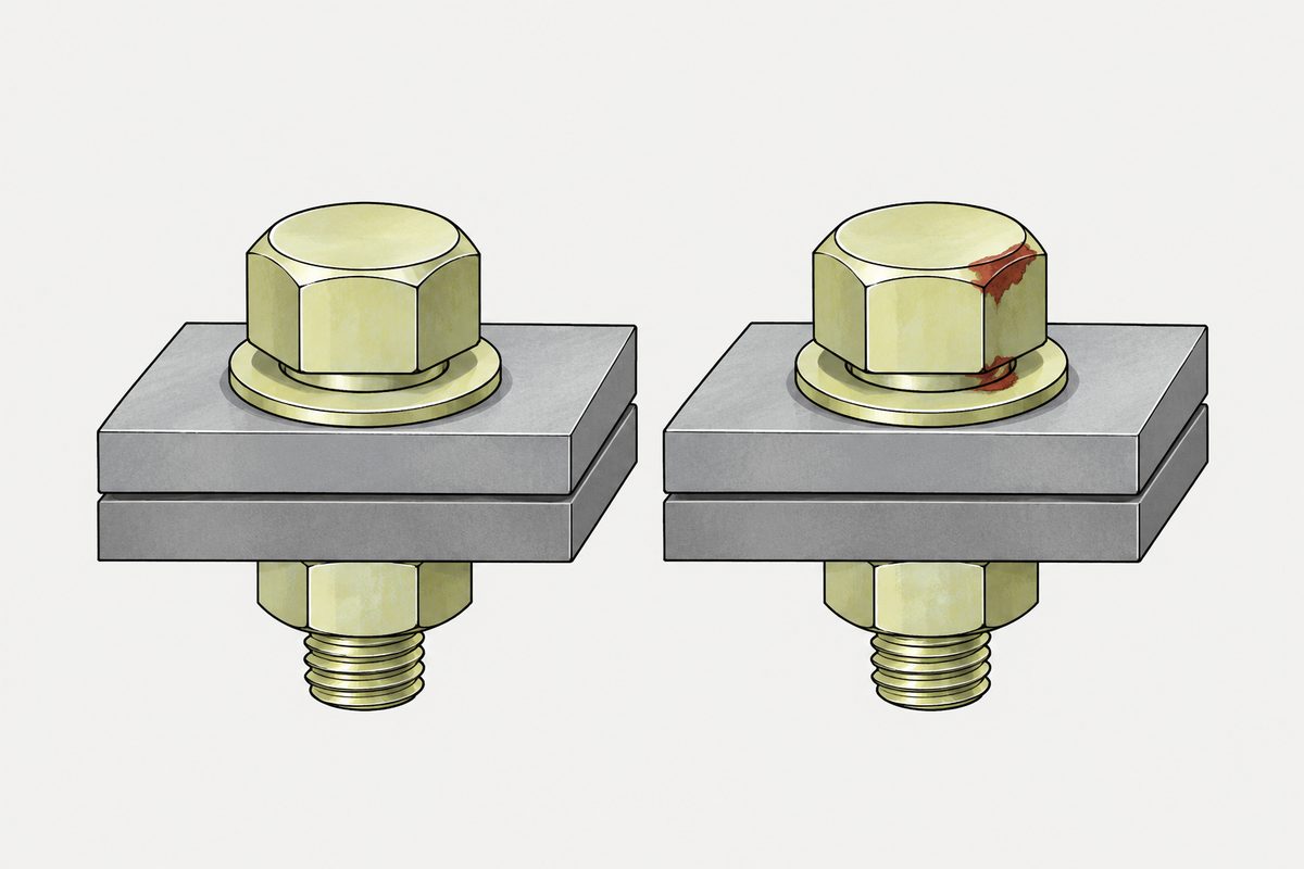 Two matching yellow-zinc hex-bolt joints side by side, with red rust patches on the right assembly.