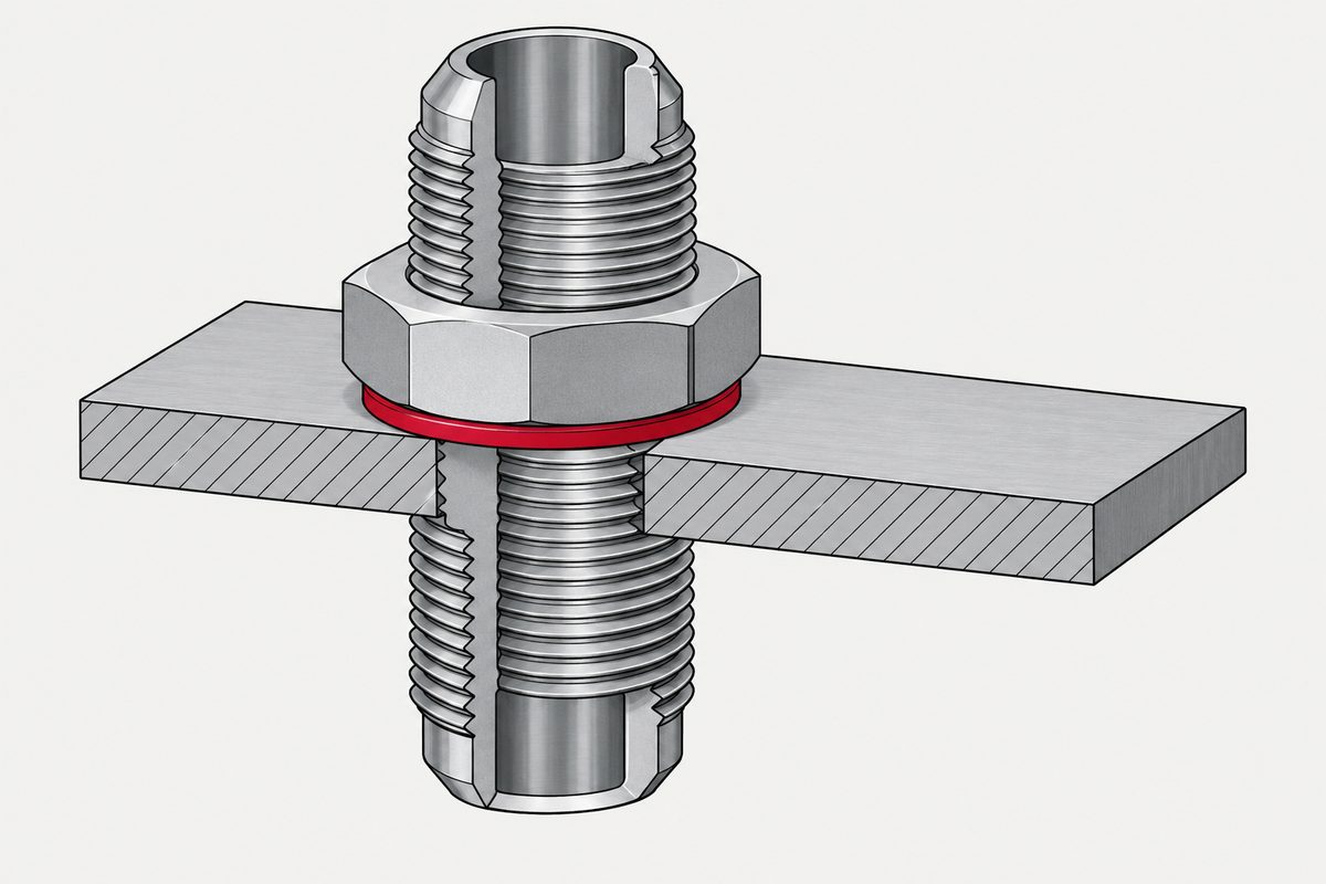Cutaway steel threaded fitting through a plate, with a red sealing washer compressed beneath the hex nut.