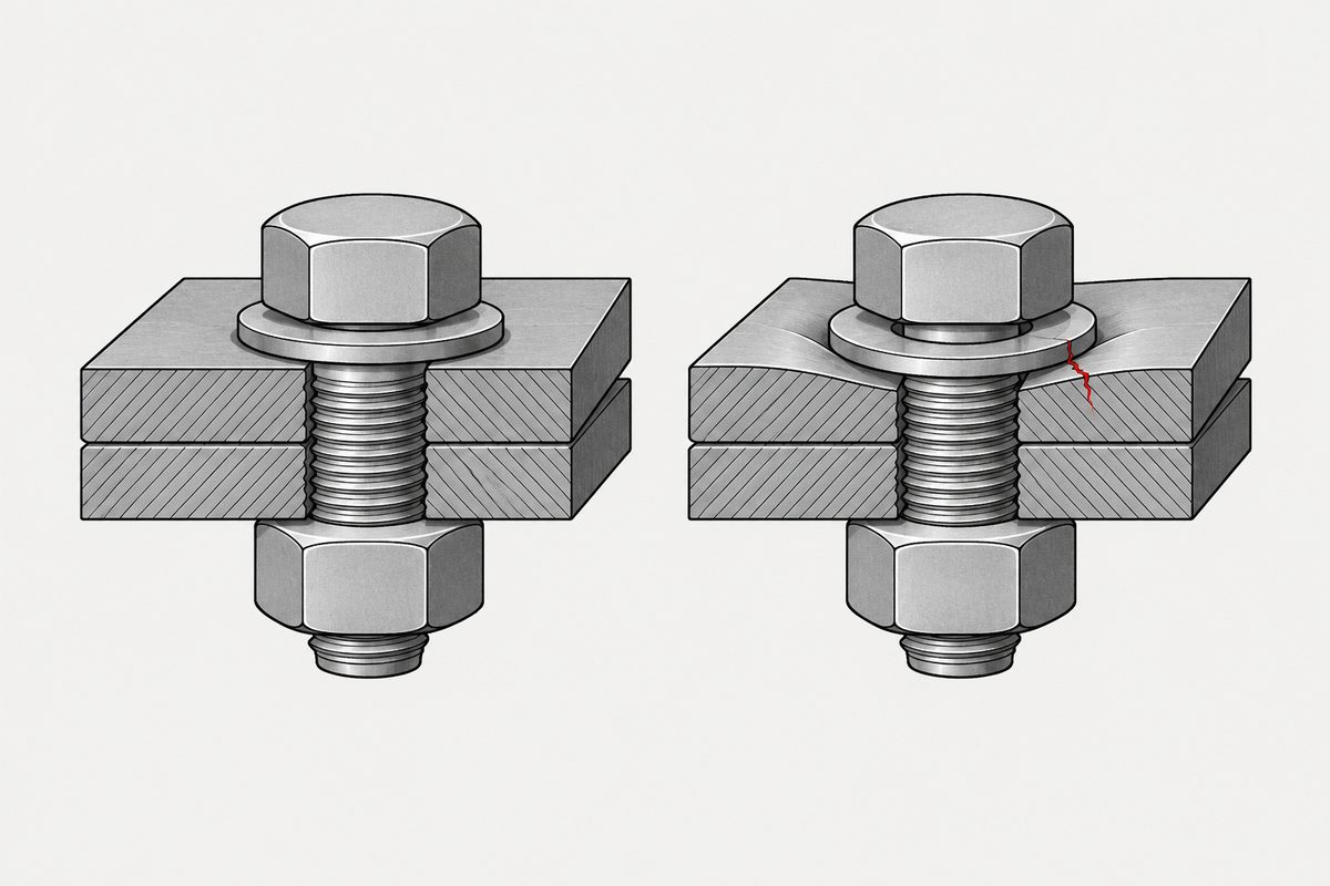 Two bolted steel joints side by side; the right plate bows around a washer with a red crack.