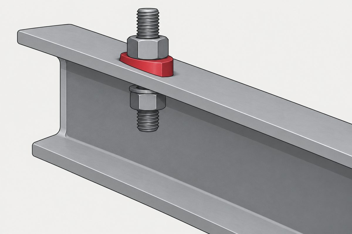A red beveled washer beneath a steel nut sits on the sloping flange of a grey I-beam.