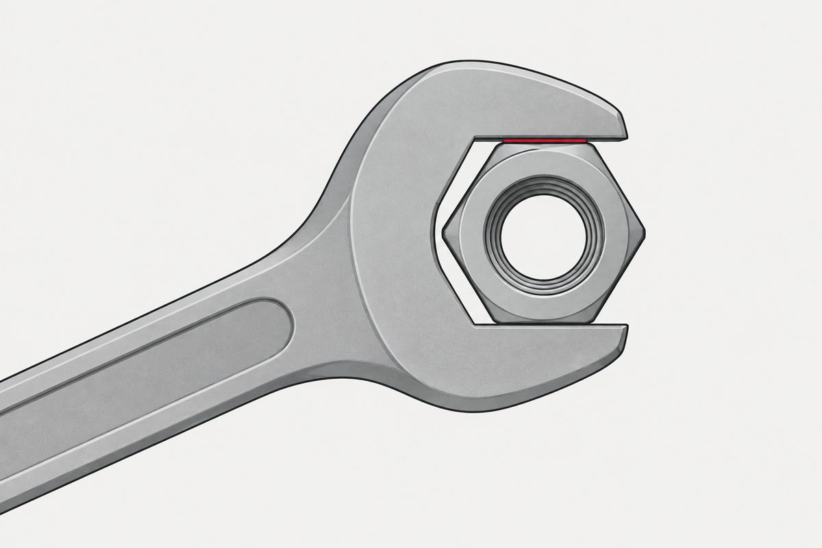 Top-down steel open-ended spanner gripping a hex nut, with a thin red gap along the upper flat.