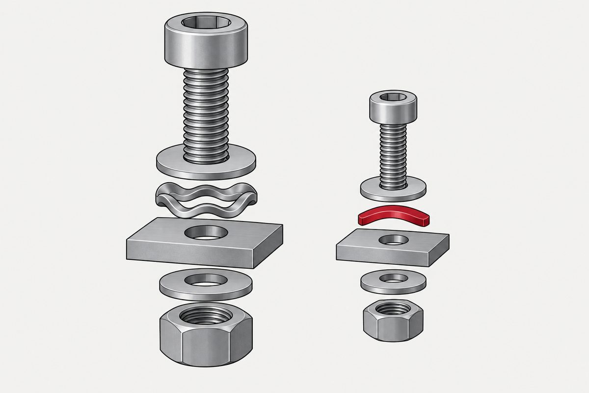Two exploded bolt assemblies with a wave spring washer and a small red curved spring washer.