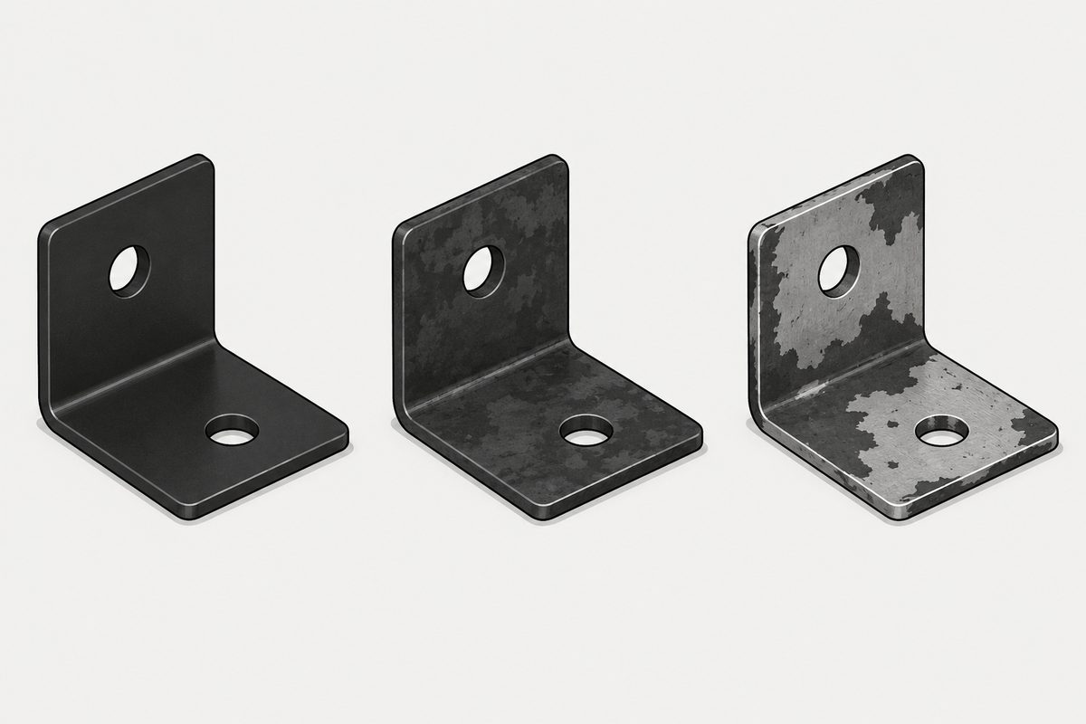 Three identical angle brackets sit in a row with even black, mottled charcoal, and patchy bare-steel finishes.