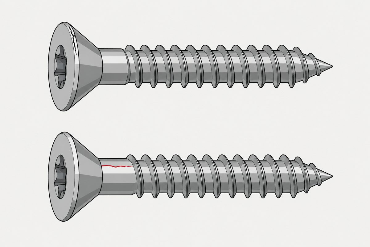 Two steel screws, one with a dark head-rim fissure and one with a red crack along the shank.
