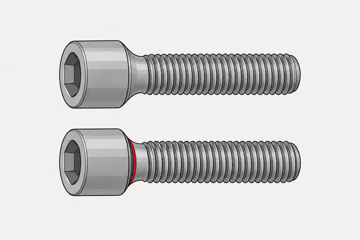 Two parallel socket head cap screws, with one under-head transition highlighted by a red crescent.