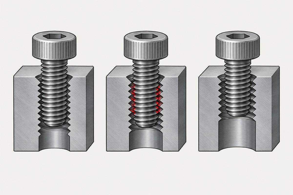 Three cutaway steel blocks show identical screws in threaded holes with progressively larger inner bores.