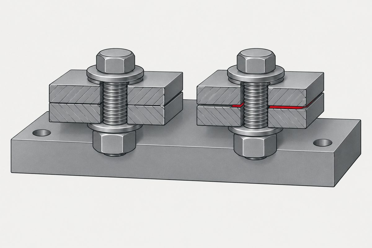 Two cutaway steel bolted joints, one fully seated and one showing a narrow red gap between the plates.