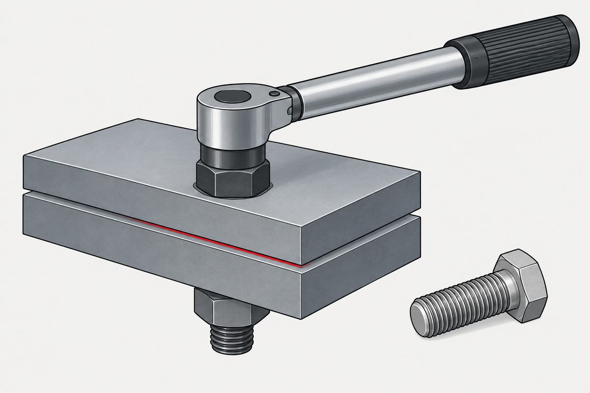 A torque wrench tightens a dark bolt through two steel plates, with a spare bolt beside the joint.