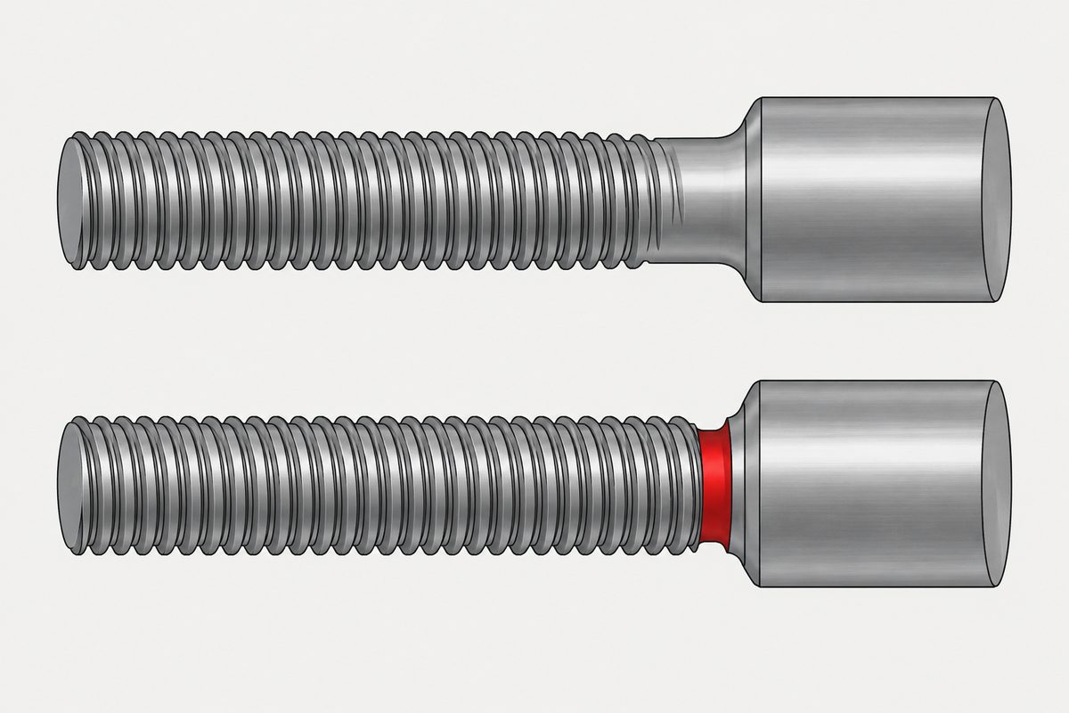 Two steel threaded studs, one with fading threads and one with a red groove before the shoulder.