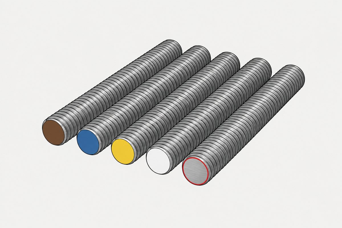 Five parallel threaded rods with brown, blue, yellow, white and red-ringed bare steel ends.