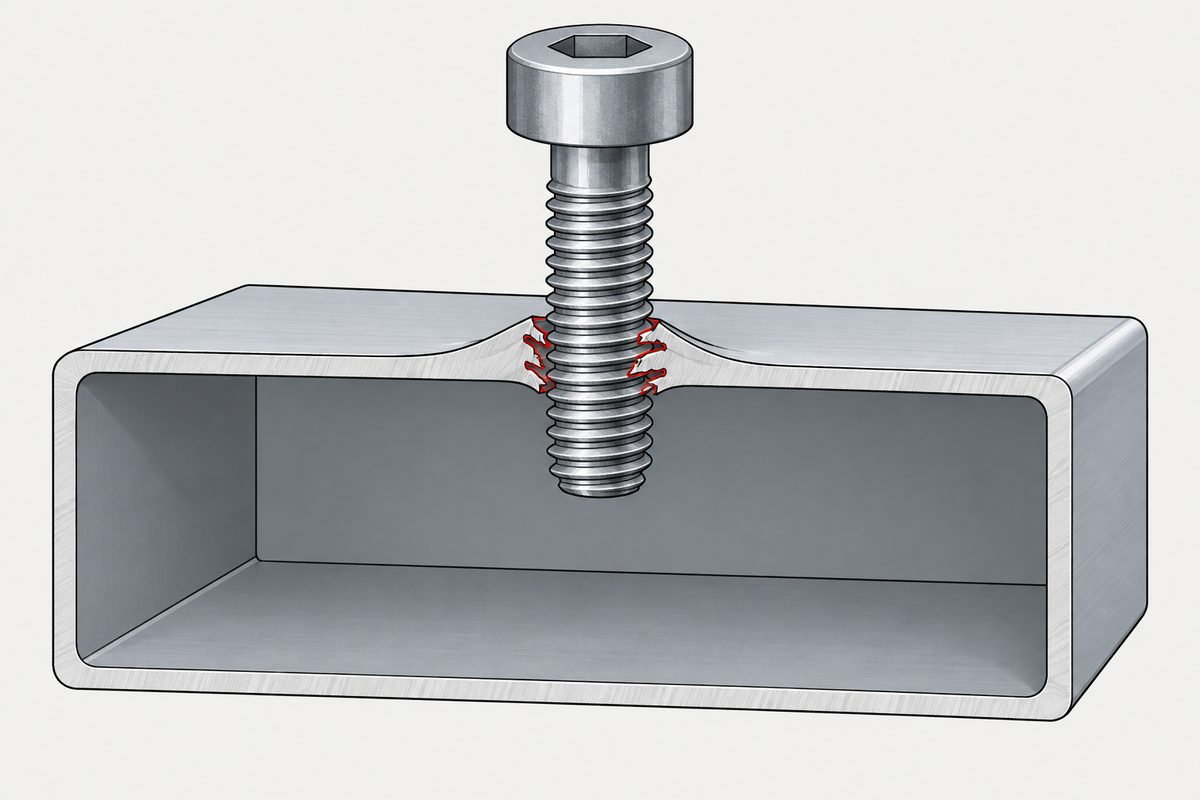 Cutaway hollow aluminium tube with an intact screw pulling torn, red-outlined threads from its thin top wall.