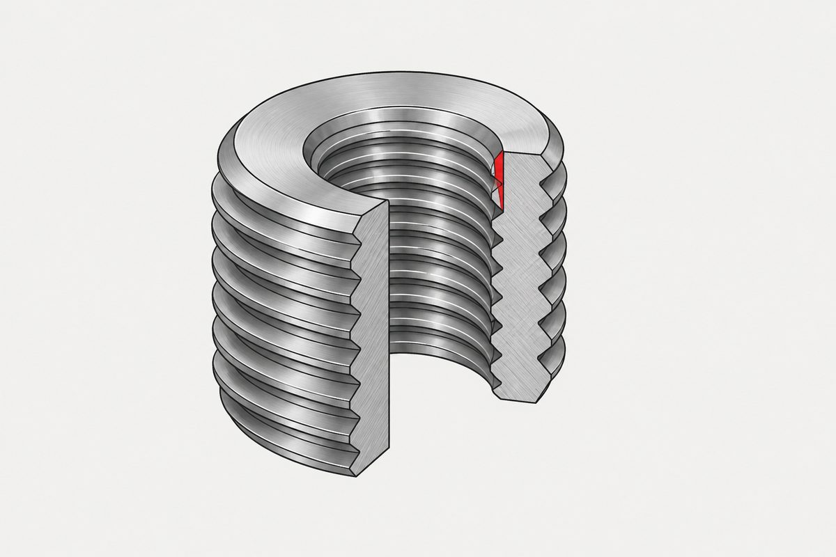 Cutaway steel threaded reducer with a red sliver marking the thin wall between its inner and outer threads.