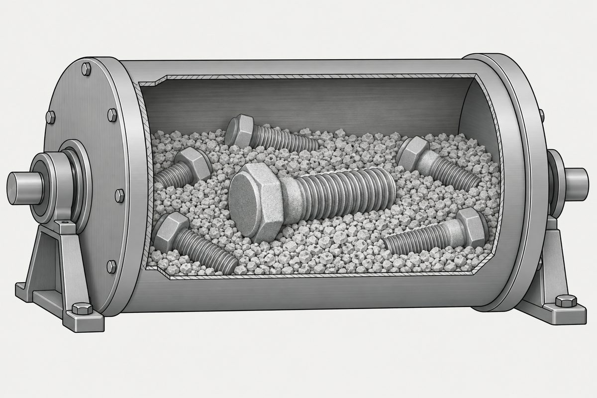Cutaway tumbling drum with several hex bolts buried in a granular medium.