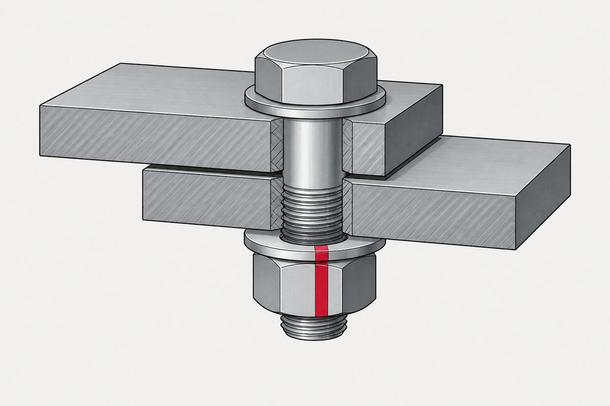Cutaway steel bolted joint with a plate gap and an aligned red stripe across the lower nut and washer.