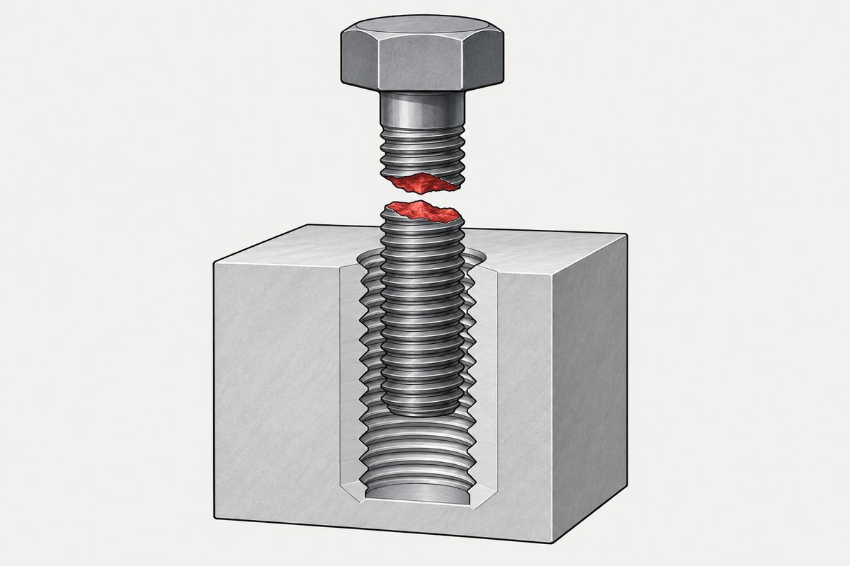 A steel bolt with red fracture faces sits in a cutaway aluminum block with intact internal threads.