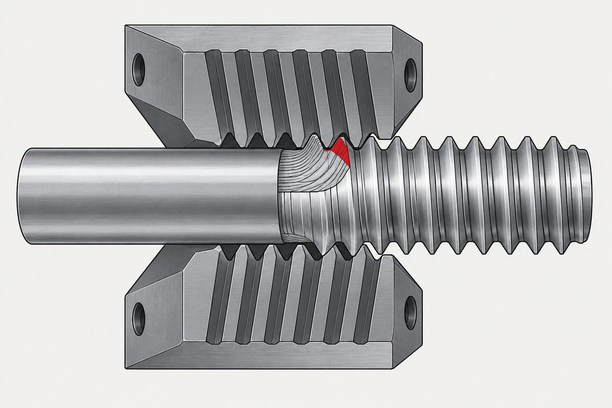 A steel blank passes between thread-rolling dies, becoming a threaded shaft with one red crest.