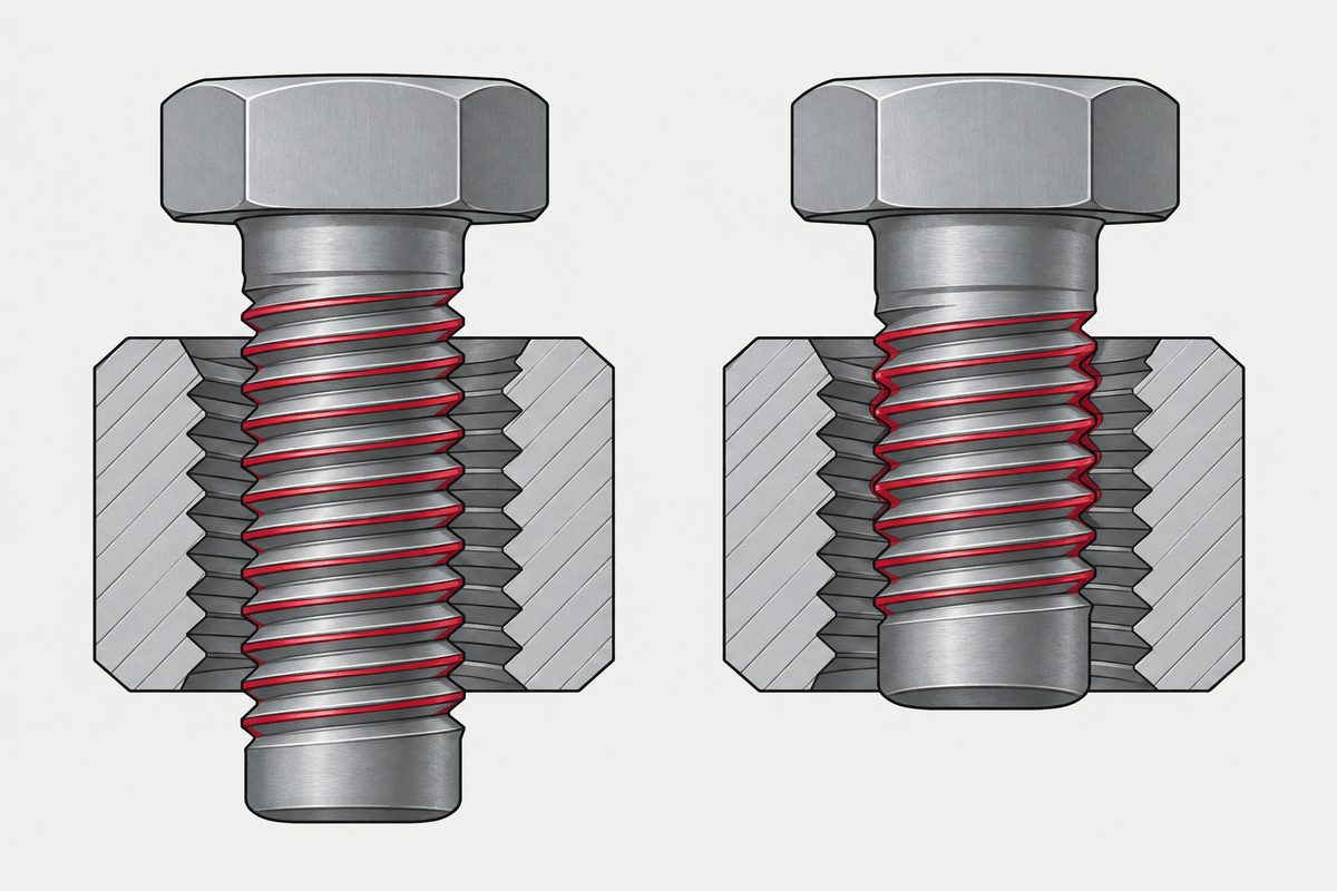 Cutaway comparison of two red-coated steel bolts, one passing through a nut and one binding partway.