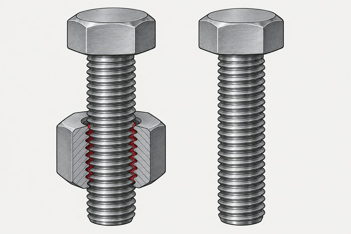 Cutaway nut with red compound in the engaged threads beside a matching clean, dry bolt.