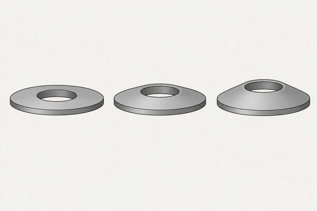 Three steel disc springs of equal diameter sit side by side, progressing from a shallow to a steep cone.