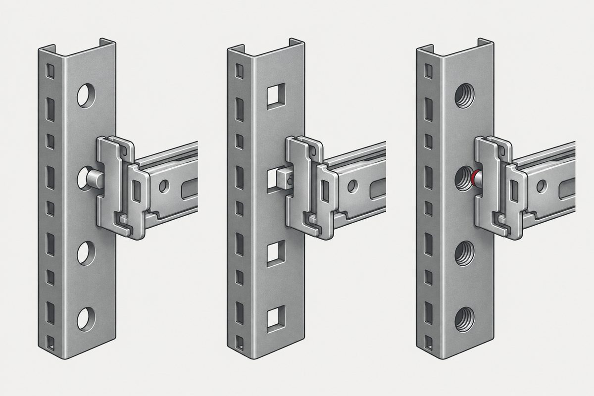 Three steel rack uprights have round, square, and threaded holes; a red ring marks the right-hand rail joint.