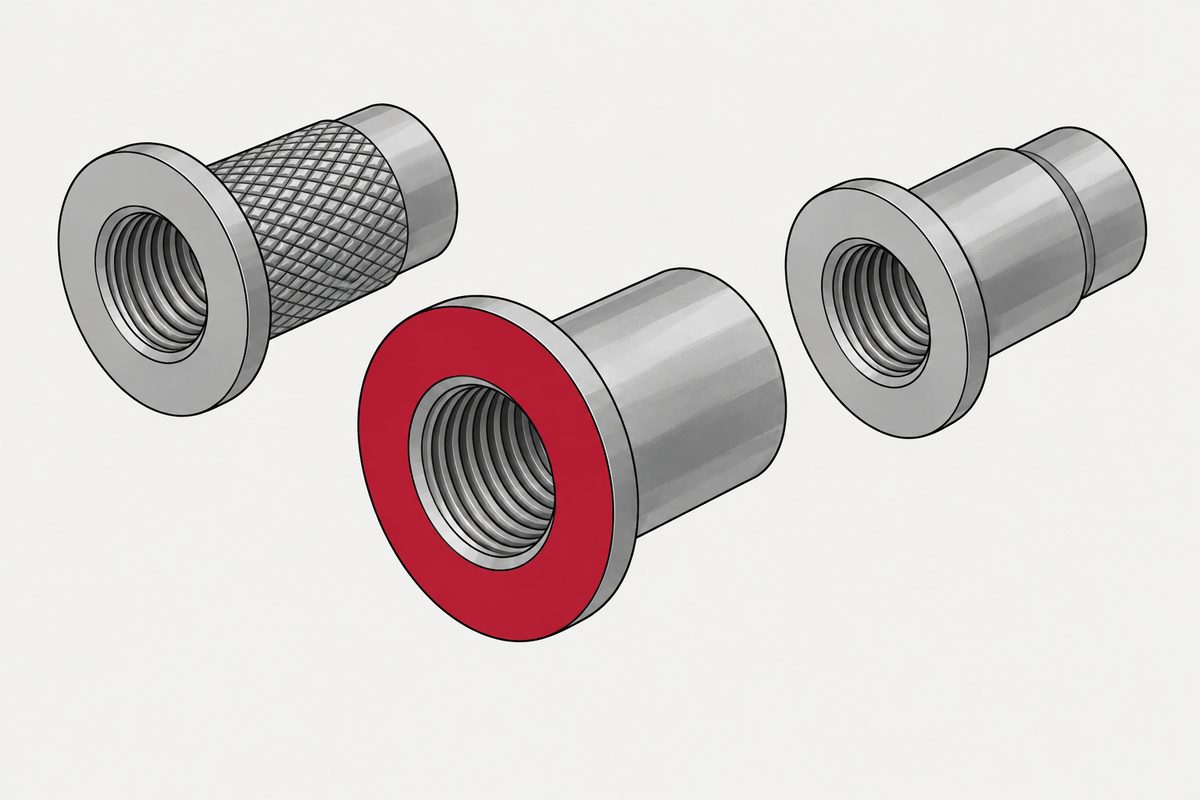 Three flanged threaded steel sleeves, with the smooth center sleeve distinguished by a red flange.
