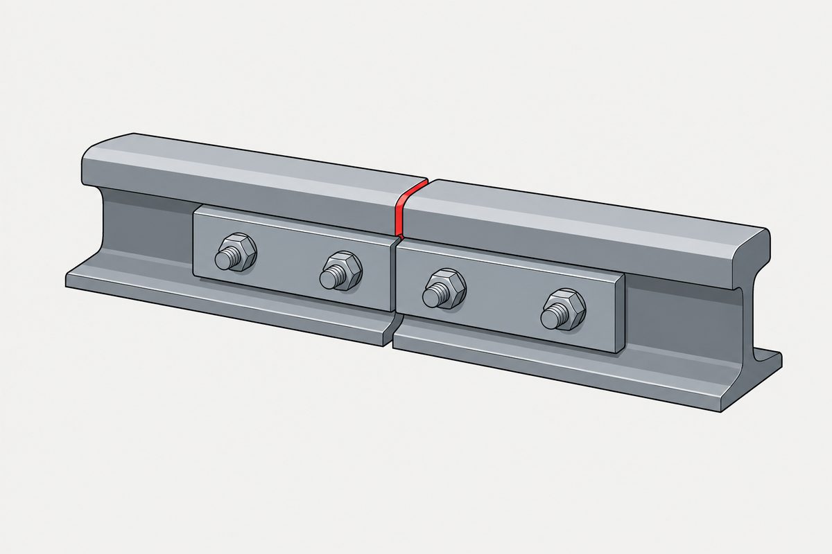 Four bolts join two steel rail ends, with the narrow gap highlighted in red.