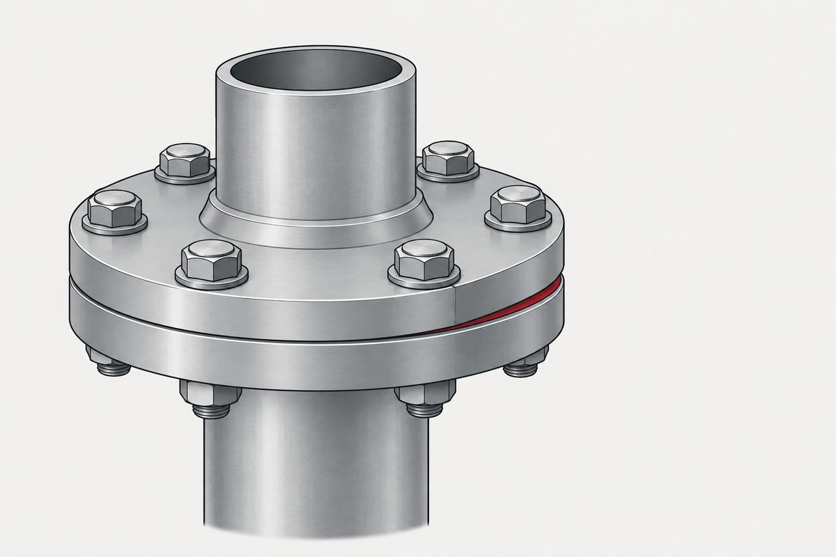 An eight-bolt steel pipe flange with a thin red gap visible along one side of the joint.
