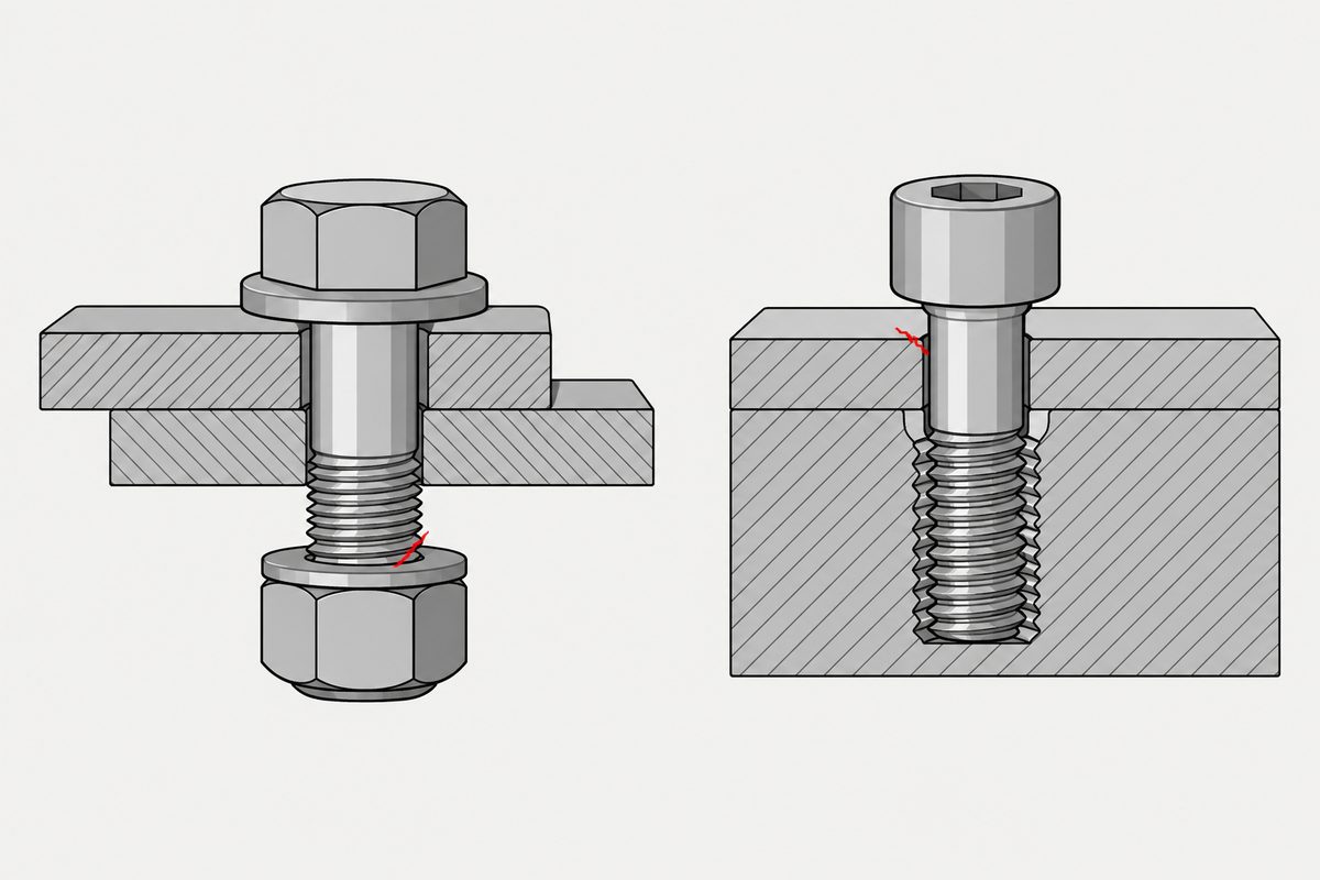 Two cutaway steel bolted joints, with red cracks at a nut-side thread and the edge of a plate hole.