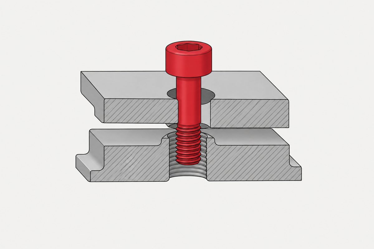 A red reduced-shank screw joins two steel parts whose holes are slightly misaligned.