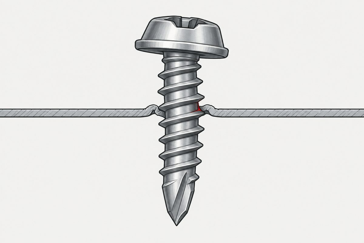 A self-drilling screw passes through thin steel, with a deformed hole edge and a small red gap at the thread.