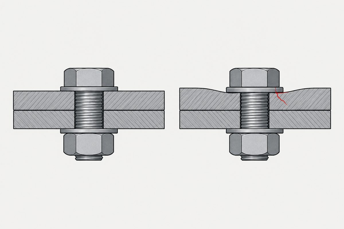 Two bolted steel joints, one flat and intact, the other bowed with a red crack beneath the bolt head.