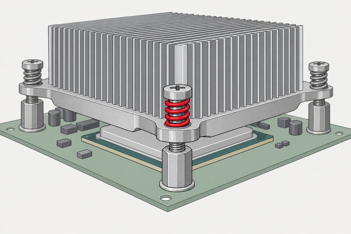 CPU heatsink mounted on a motherboard with spring-loaded screws and one red coil spring in front.