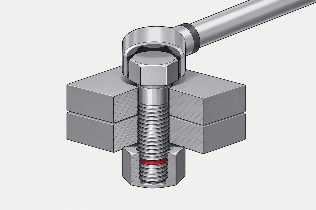 Cutaway steel bolted joint with a socket wrench and one engaged thread highlighted in red.