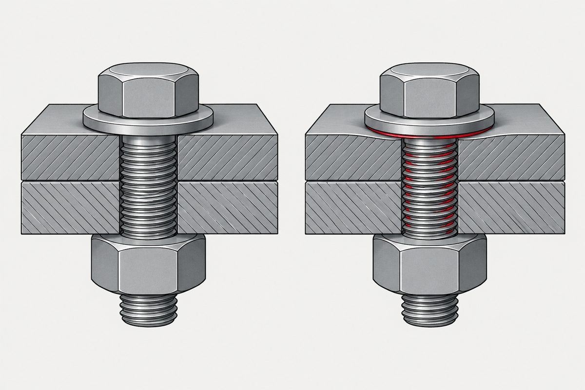 Two cutaway steel bolt joints, with red lubricant on the right joint's threads and beneath its washer.