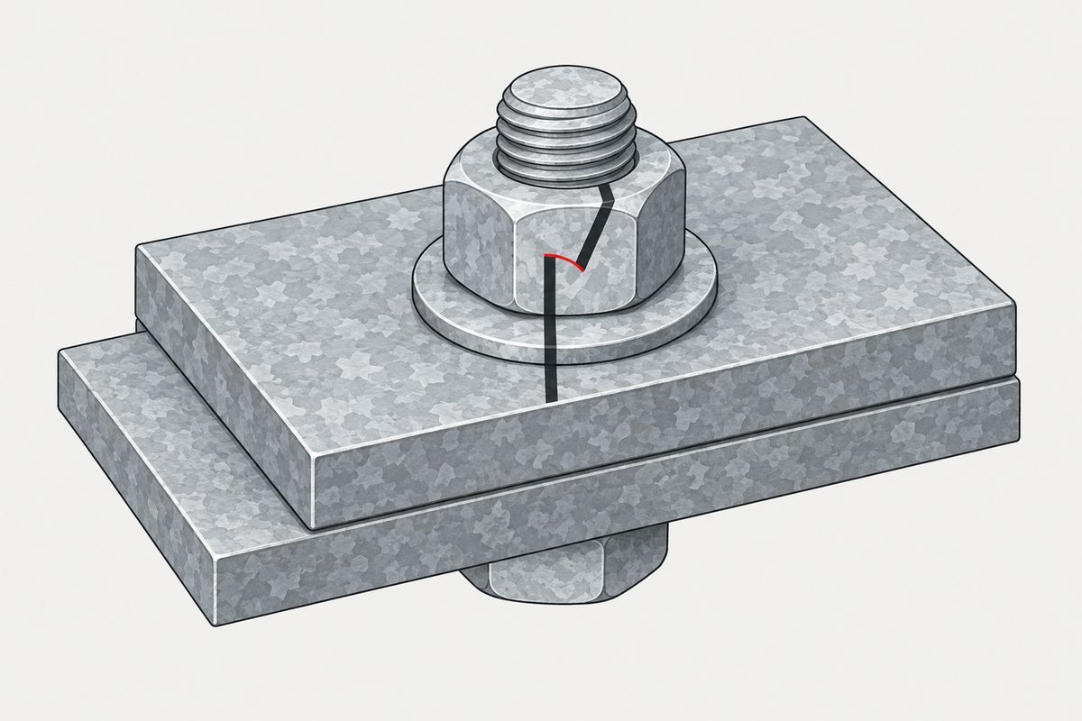 Galvanized bolt joint with offset witness lines on the turned nut and plate, marked by a red angle arc.