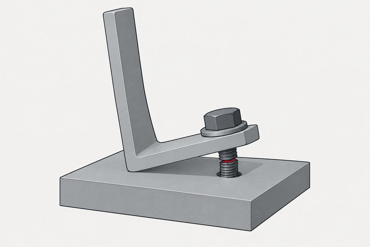 A lifted gray L-bracket is bolted to a steel base, with a small red fracture visible in the stretched bolt.