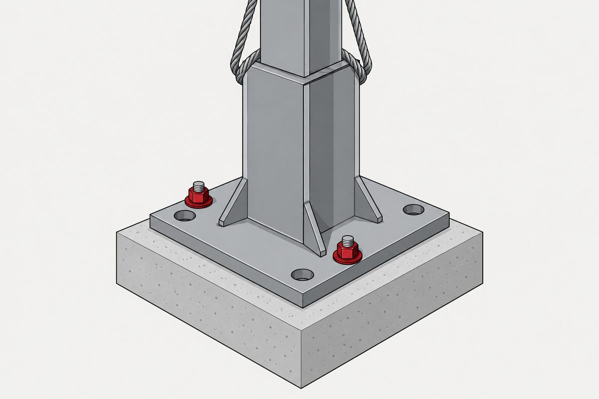 A crane sling holds a steel column with two diagonal anchor nuts installed and two base-plate holes empty.