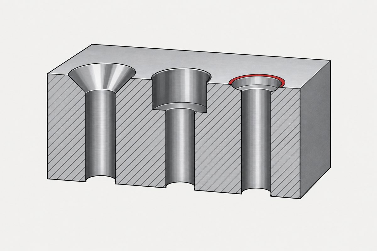 Cutaway steel block with three distinct recessed through-holes and a red ring around the shallow right opening.