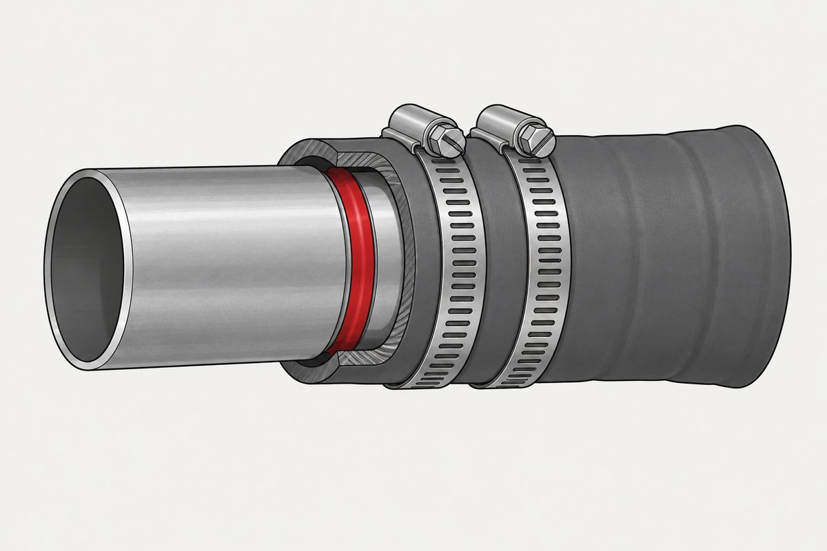 Cutaway hose joint with two steel clamps positioned behind a red raised bead on the metal pipe.